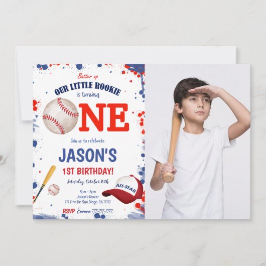 Eerste verjaardag honkbal foto uitnodiging (Voorkant)