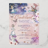 Eerste verjaardag in Onederland Magical Wonderland Folie Uitnodiging (Voorkant)