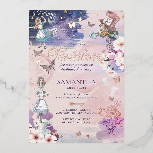 Eerste verjaardag in Onederland Magical Wonderland Folie Uitnodiging (Voorkant)