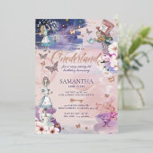 Eerste verjaardag in Onederland Magical Wonderland Folie Uitnodiging (Staand Voorkant)