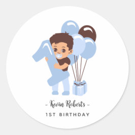 Eerste verjaardag jongen blauwe ballon ronde sticker