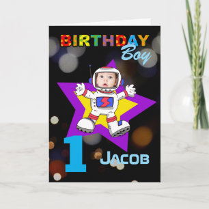 Eerste verjaardag jongen Cosmic Space Party Foto Kaart