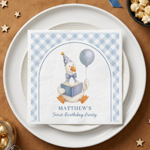 Eerste verjaardag jongen Cute Goose Blauwe Gingham Servet