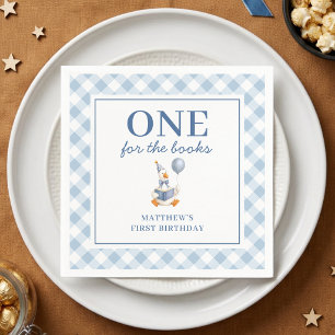 Eerste verjaardag jongen Cute Goose Blauwe Gingham Servet