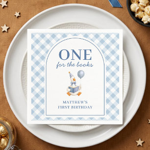 Eerste verjaardag jongen Cute Goose Blauwe Gingham Servet
