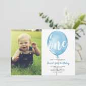 Eerste verjaardag jongen met foto blauwe ballon kaart (Staand voorkant)