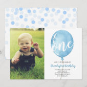 Eerste verjaardag jongen met foto blauwe ballon kaart (Voorkant / Achterkant)