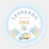 Eerste verjaardag jongen met kiepwagen ronde sticker (Voorkant)