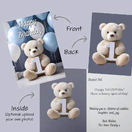 Eerste verjaardag jongen Schattige teddybeer & bal Kaart