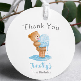 Eerste verjaardag jongen teddybeer ijs bedankjes labels