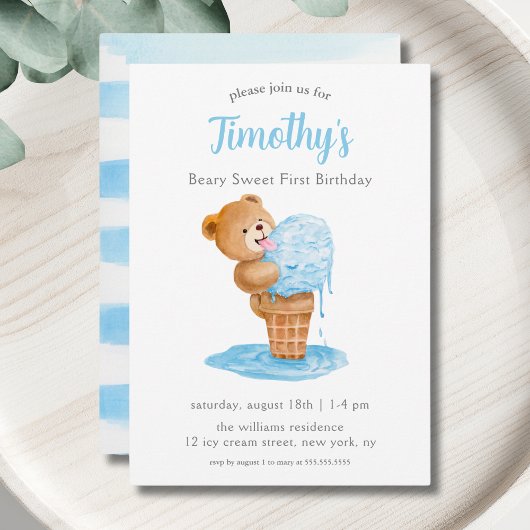 Eerste verjaardag jongen teddybeer ijs kaart