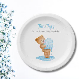 Eerste verjaardag jongen teddybeer ijs papieren bordje
