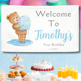 Eerste verjaardag jongen teddybeer ijs spandoek