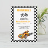 Eerste verjaardag jongens race auto uitnodigingen (Staand voorkant)