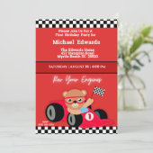 Eerste verjaardag jongens race auto uitnodigingen (Staand voorkant)
