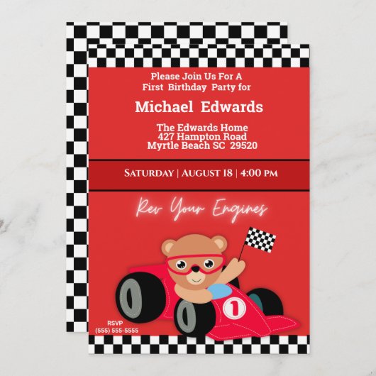 Eerste verjaardag jongens race auto uitnodigingen (Voorkant / Achterkant)