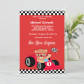 Eerste verjaardag jongens race auto uitnodigingen (Staand voorkant)