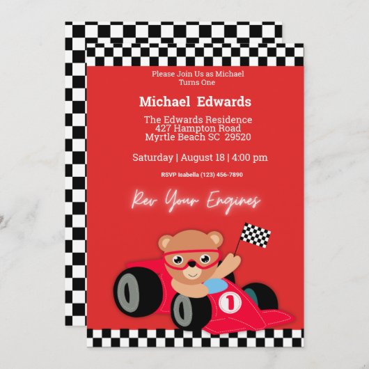 Eerste verjaardag jongens race auto uitnodigingen (Voorkant / Achterkant)