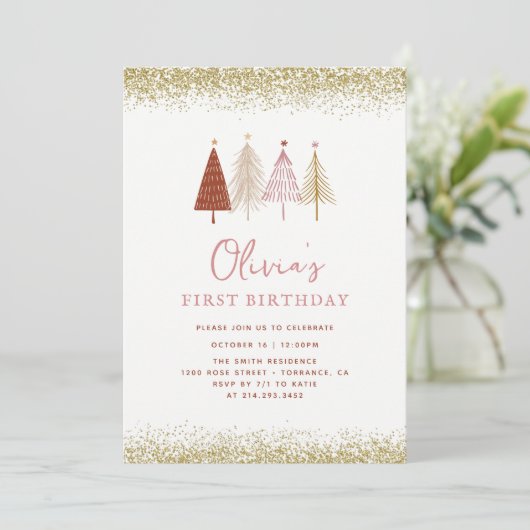 Eerste verjaardag kerstboomwinter kaart (Staand voorkant)