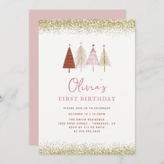 Eerste verjaardag kerstboomwinter kaart (Voorkant / Achterkant)