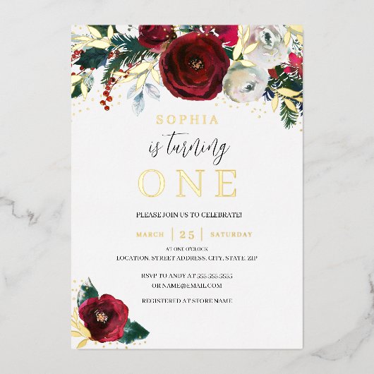 Eerste verjaardag kerstdag goudbraal meisje folie uitnodiging (Voorkant)