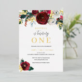 Eerste verjaardag kerstdag goudbraal meisje folie uitnodiging (Staand Voorkant)