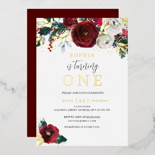 Eerste verjaardag kerstdag goudbraal meisje folie uitnodiging (Voorkant / Achterkant)