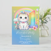 Eerste Verjaardag Kitten Regenboog Feest Kaart (Staand voorkant)
