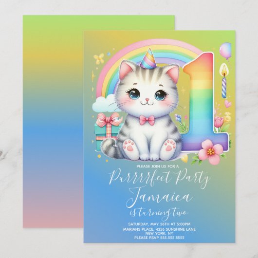 Eerste Verjaardag Kitten Regenboog Feest Kaart (Voorkant / Achterkant)