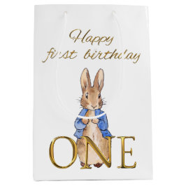 Eerste verjaardag klassieke konijn in blauwe jas medium cadeauzakje
