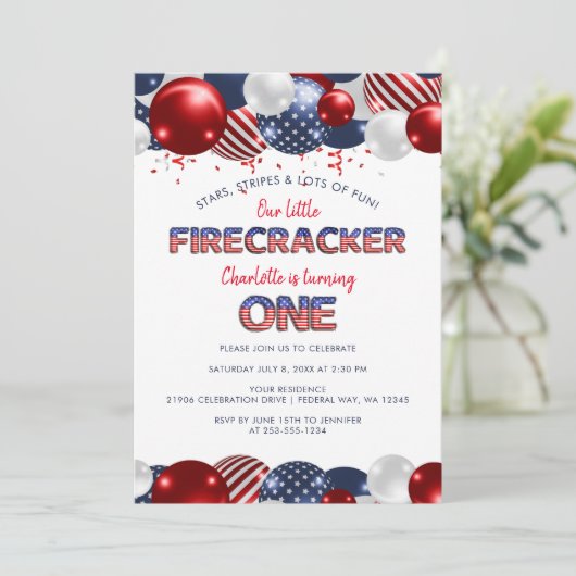 Eerste Verjaardag Kleine Firecracker Balloon Party Kaart (Staand voorkant)