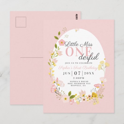 Eerste Verjaardag kleine miss one-derful uitnodigi Briefkaart (Voorkant / Achterkant)