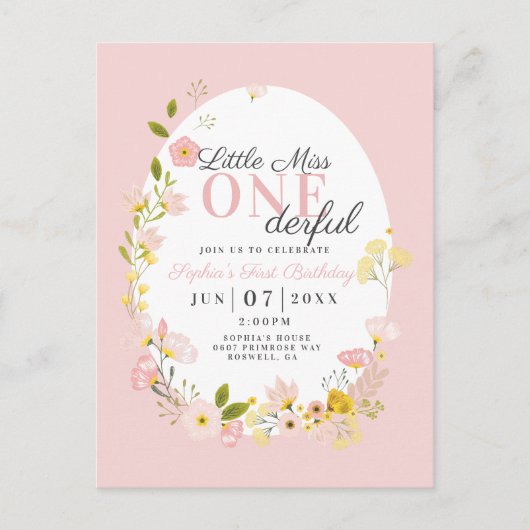 Eerste Verjaardag kleine miss one-derful uitnodigi Briefkaart (Voorkant)