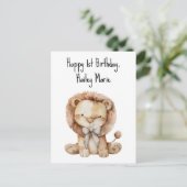 Eerste verjaardag knuffel leeuw persoonlijk briefkaart (Staand voorkant)
