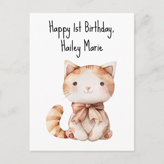 Eerste verjaardag Knuffelkat Persoonlijk Briefkaart (Voorkant)