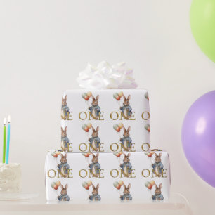 Eerste verjaardag Konijn met ballonnen Cadeaupapier