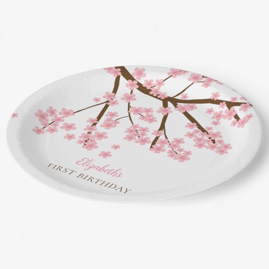 Eerste Verjaardag Lente Kersenbloesems Bloemen Blo Papieren Bordje (Gekanteld)