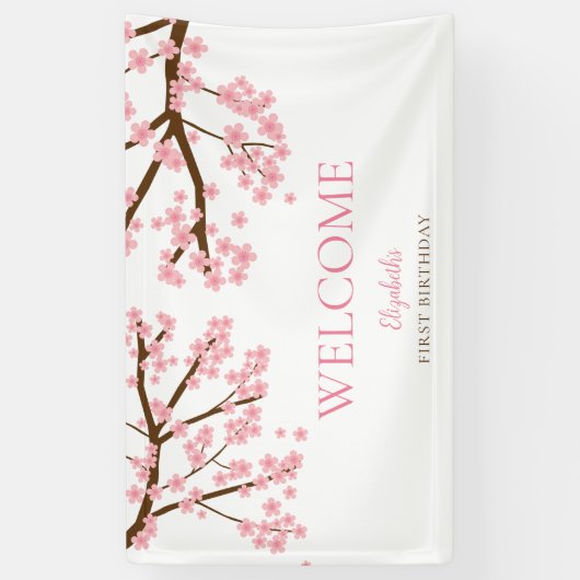 Eerste Verjaardag Lente Kersenbloesems Bloemen Blo Spandoek (Verticaal)