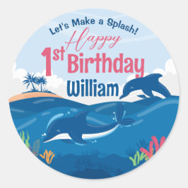 Eerste verjaardag Leuke en Kleurrijke Dolfijnen Fe Ronde Sticker