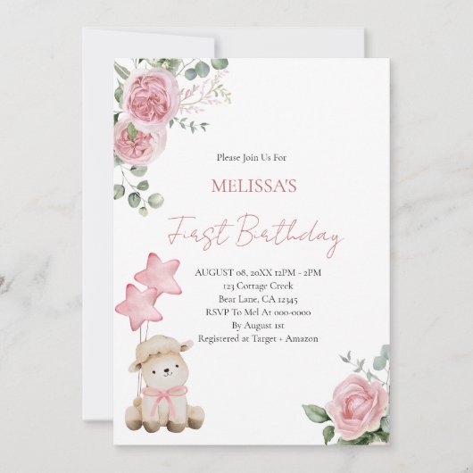 Eerste verjaardag lief klein lam roze rozen kaart (Voorkant)