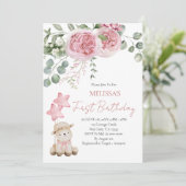 Eerste verjaardag lief klein lam roze rozen kaart (Staand voorkant)