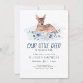 Eerste verjaardag Little Deer Blue Floral Invit Kaart (Voorkant)