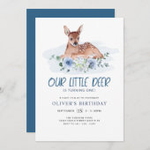 Eerste verjaardag Little Deer Blue Floral Invit Kaart (Voorkant / Achterkant)