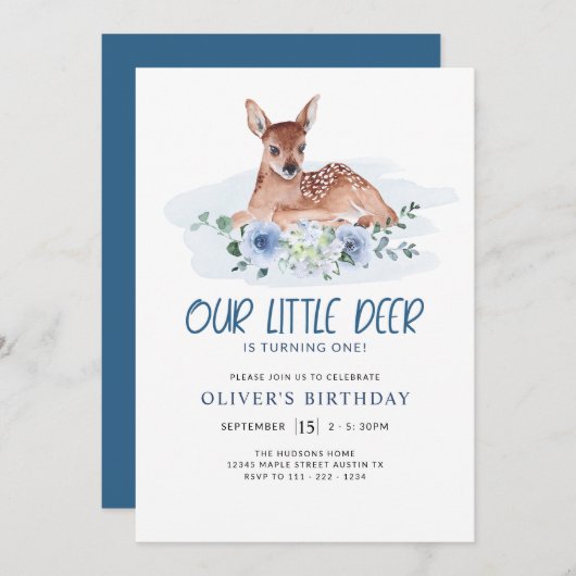 Eerste verjaardag Little Deer Blue Floral Invit Kaart (Voorkant / Achterkant)