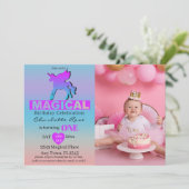 Eerste verjaardag magische eenhoorn roze blauw kaart (Staand voorkant)
