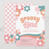 Eerste Verjaardag Meisje Daisy Groovy One Uitnodig Kaart (Voorkant / Achterkant)