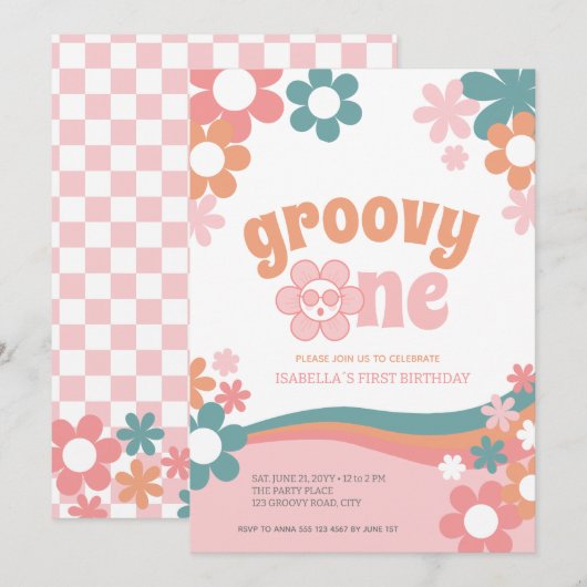 Eerste Verjaardag Meisje Daisy Groovy One Uitnodig Kaart (Voorkant / Achterkant)