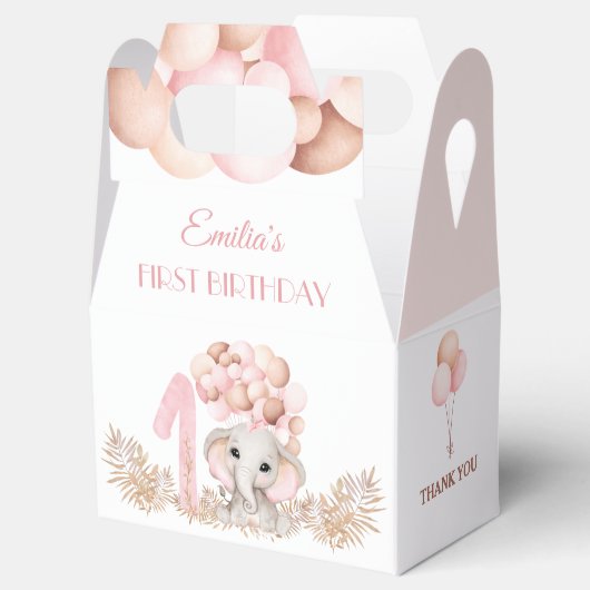 Eerste verjaardag meisje olifant roze ballonnen kl bedankdoosjes (Geopend)