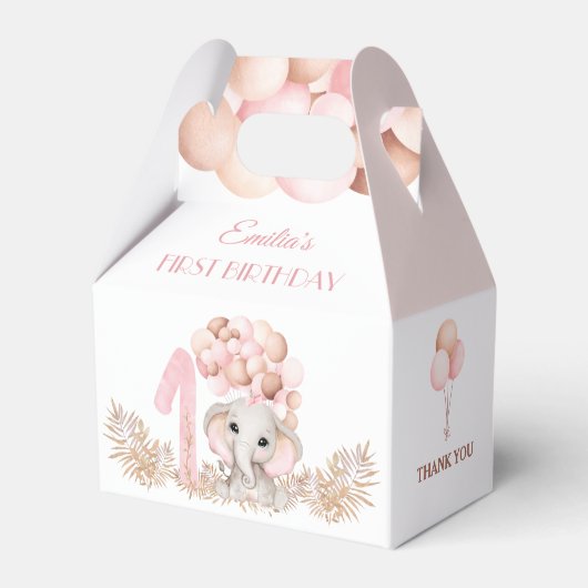 Eerste verjaardag meisje olifant roze ballonnen kl bedankdoosjes (Voorkant Zijde)