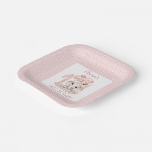 Eerste verjaardag meisje olifant roze papieren bordje (Gebogen)